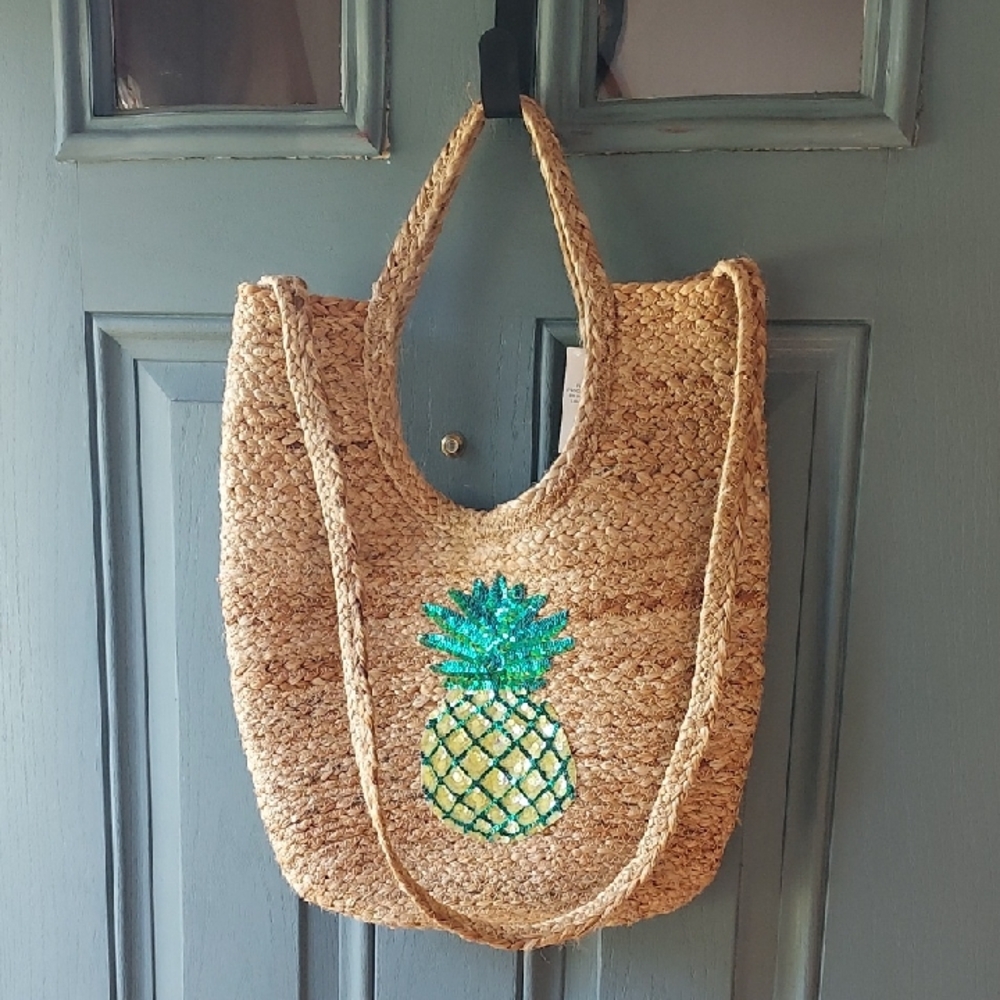Straw Tote Bag with Pineapple Design With Shoulder Strap